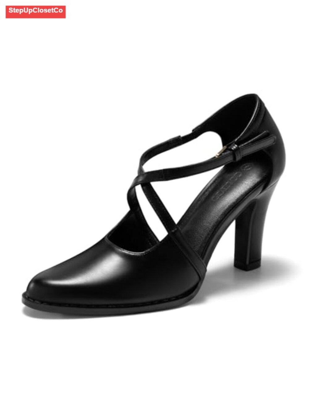 Faux Leather Pointed Toe Chunky High Heel Pumps with Cross Strap